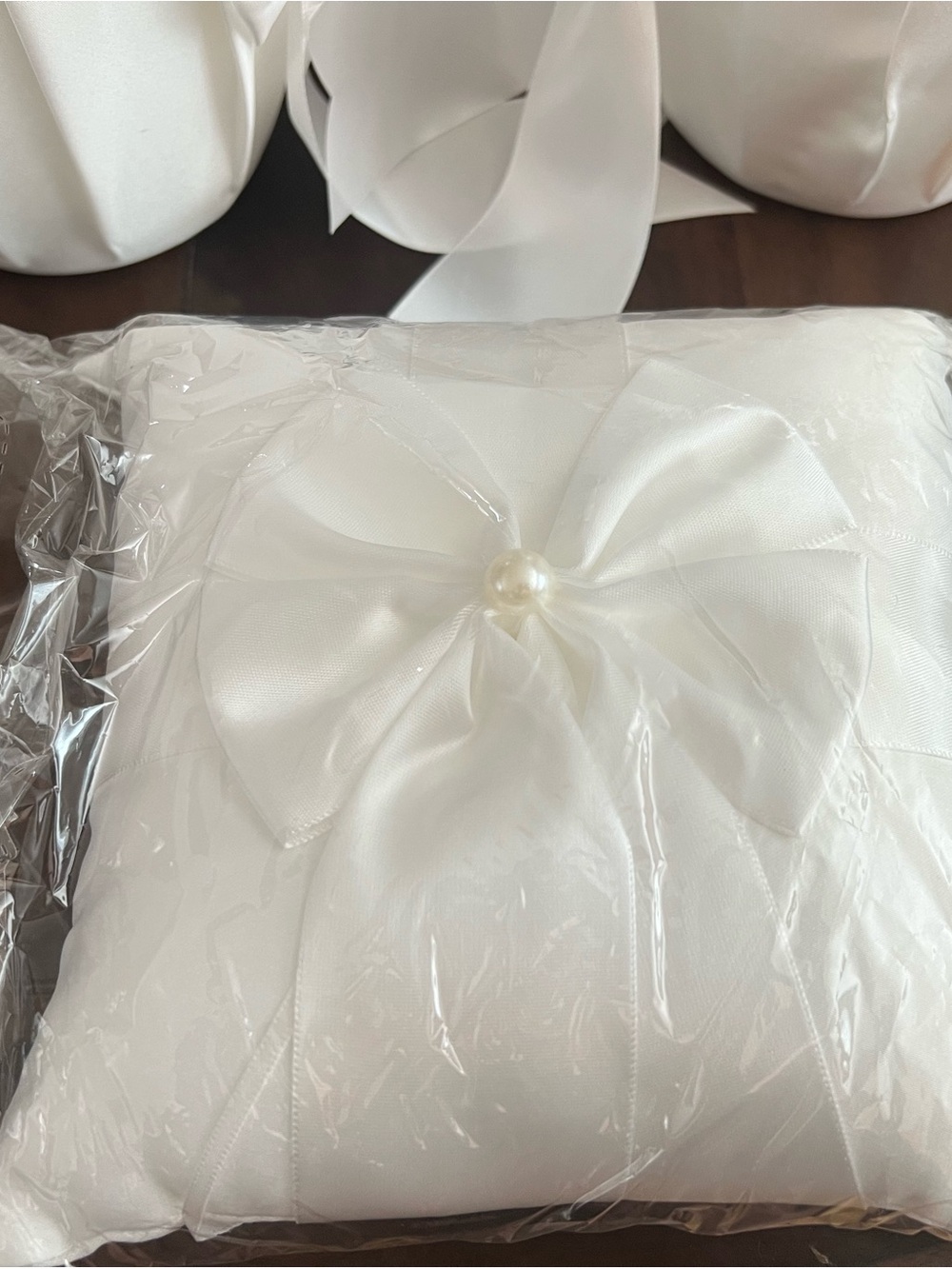 White Satin Flower Pearl Handle Flower Girl Baskets - Pair & ring bearer pillow - Picture 3 of 4